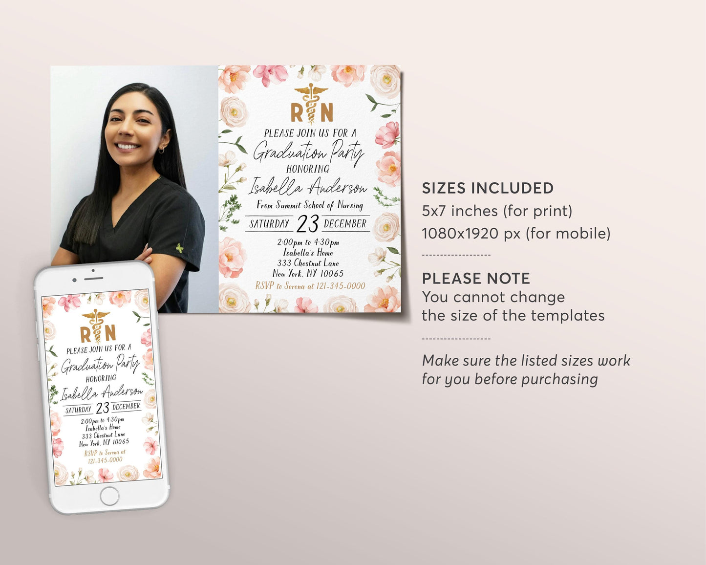 Nursing School Graduation Invitation With Photo Editable Template, Floral Nurse RN Grad Announcement Party Invite, Registered Nurse Pinning