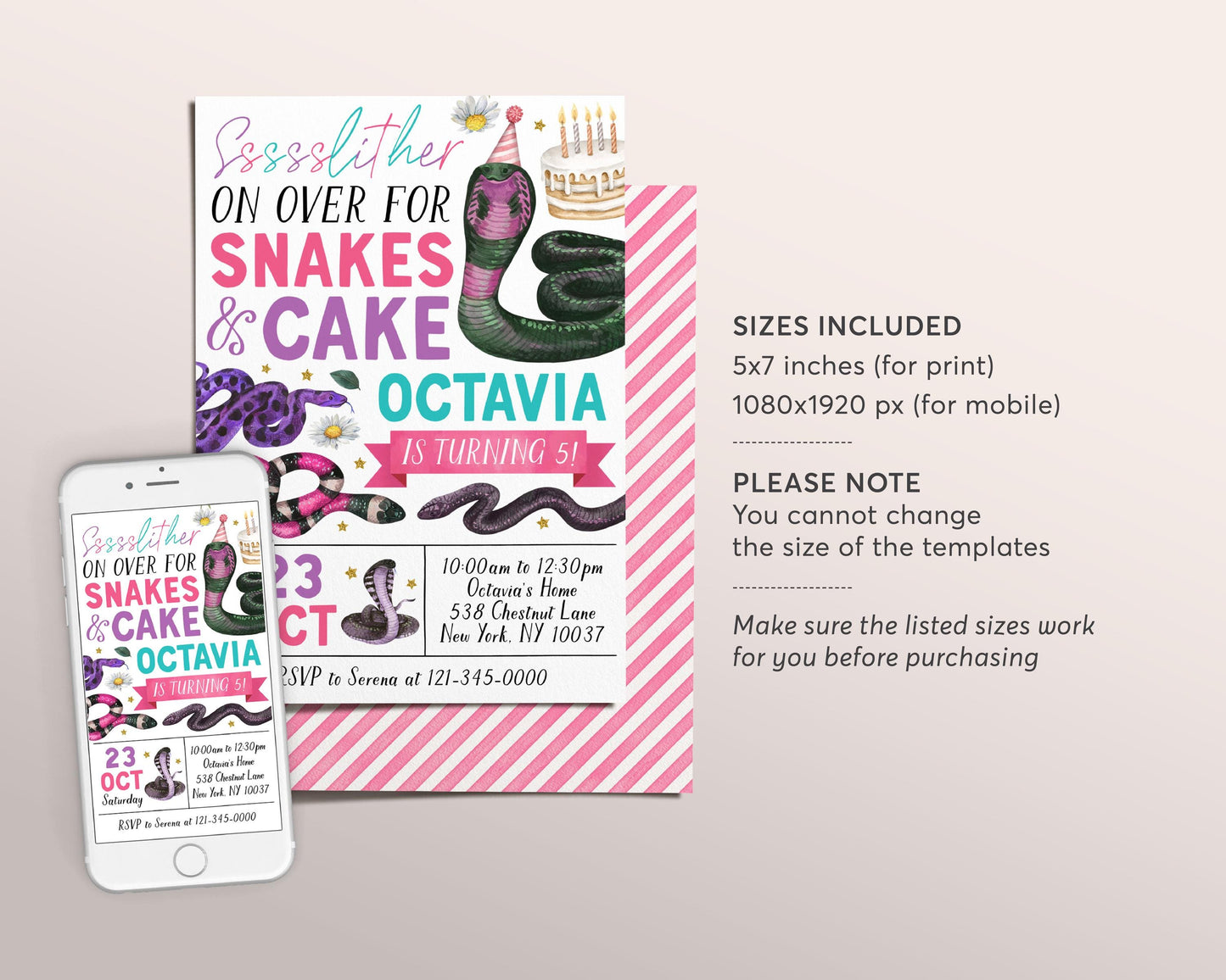 Snake Birthday Invitation Editable Template, Girl Snake And Cake Nature Theme Party Invite, Kids Slither On Over Floral Daisy Outdoor Evite