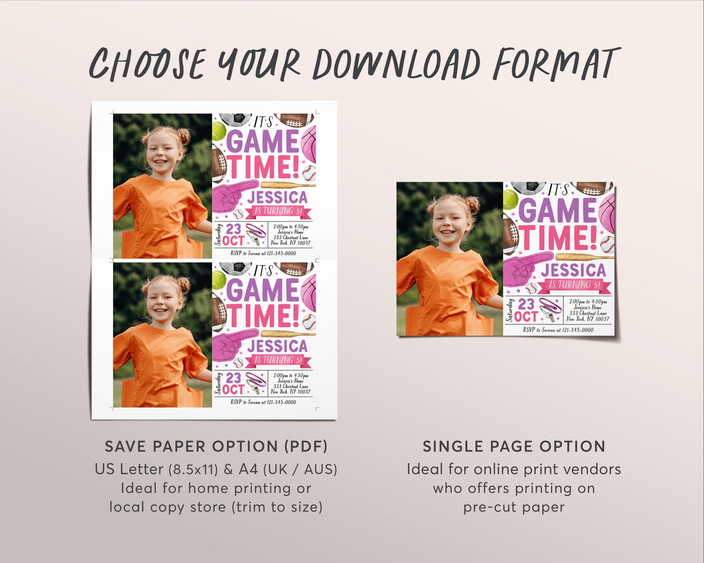 All Star Sports Birthday Invitation With Photo Editable Template, Girl It's Game Time Sports Party Invite Baseball Football Basketball Evite