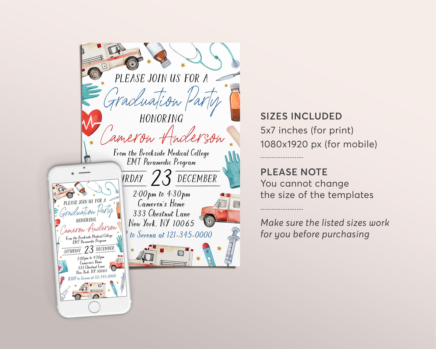 Paramedic EMT Graduation Invitation Editable Template, EMT Certification Grad Announcement Party Invite, Emergency Medical Technician Evite