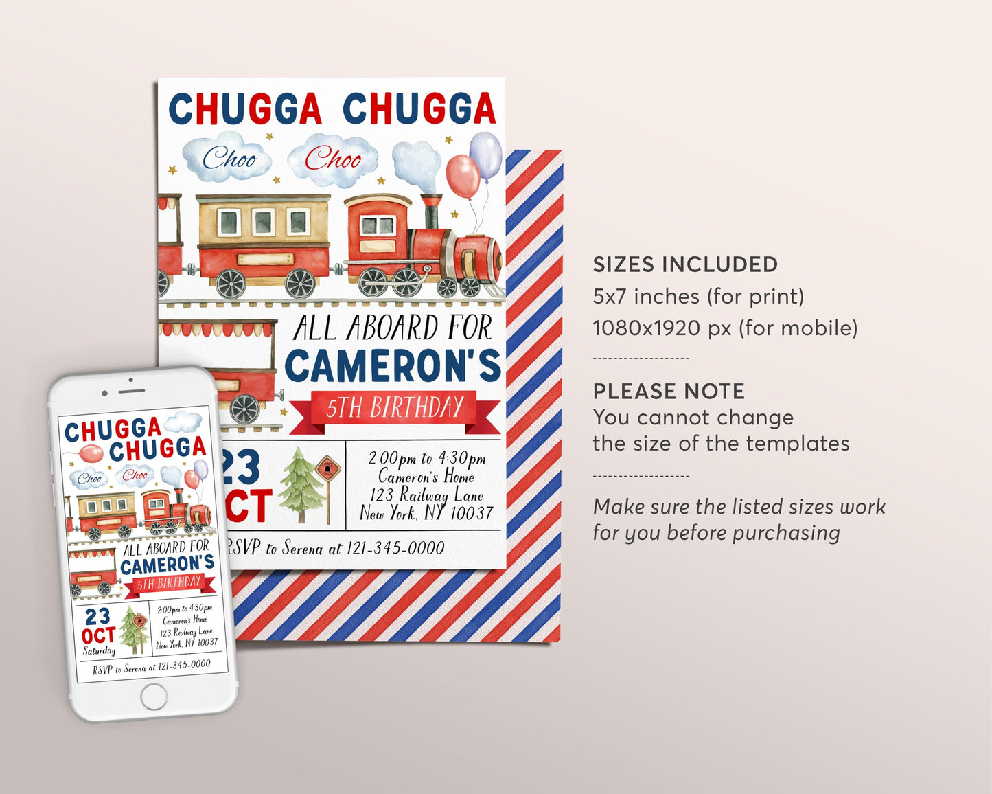 Train Birthday Invitation Editable Template, Chugga Choo Train Boarding Pass Party Invite, All Aboard The Birthday Express Admit One Travel