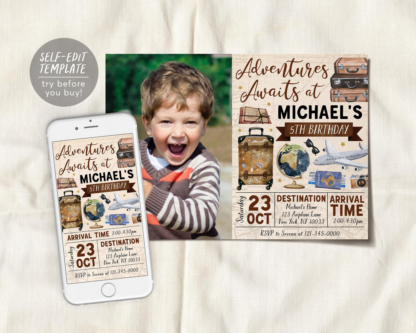 Adventure Awaits Travel Birthday Invitation With Photo Editable Template,