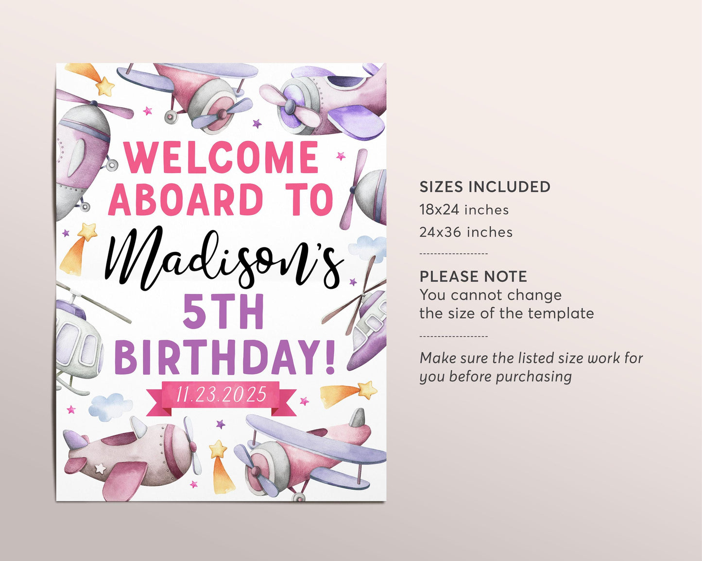 Airplane Birthday Party Welcome Sign Editable Template, Girl Aviation Plane Theme Fly On Over Party Poster, Welcome Aboard Pilot Decor