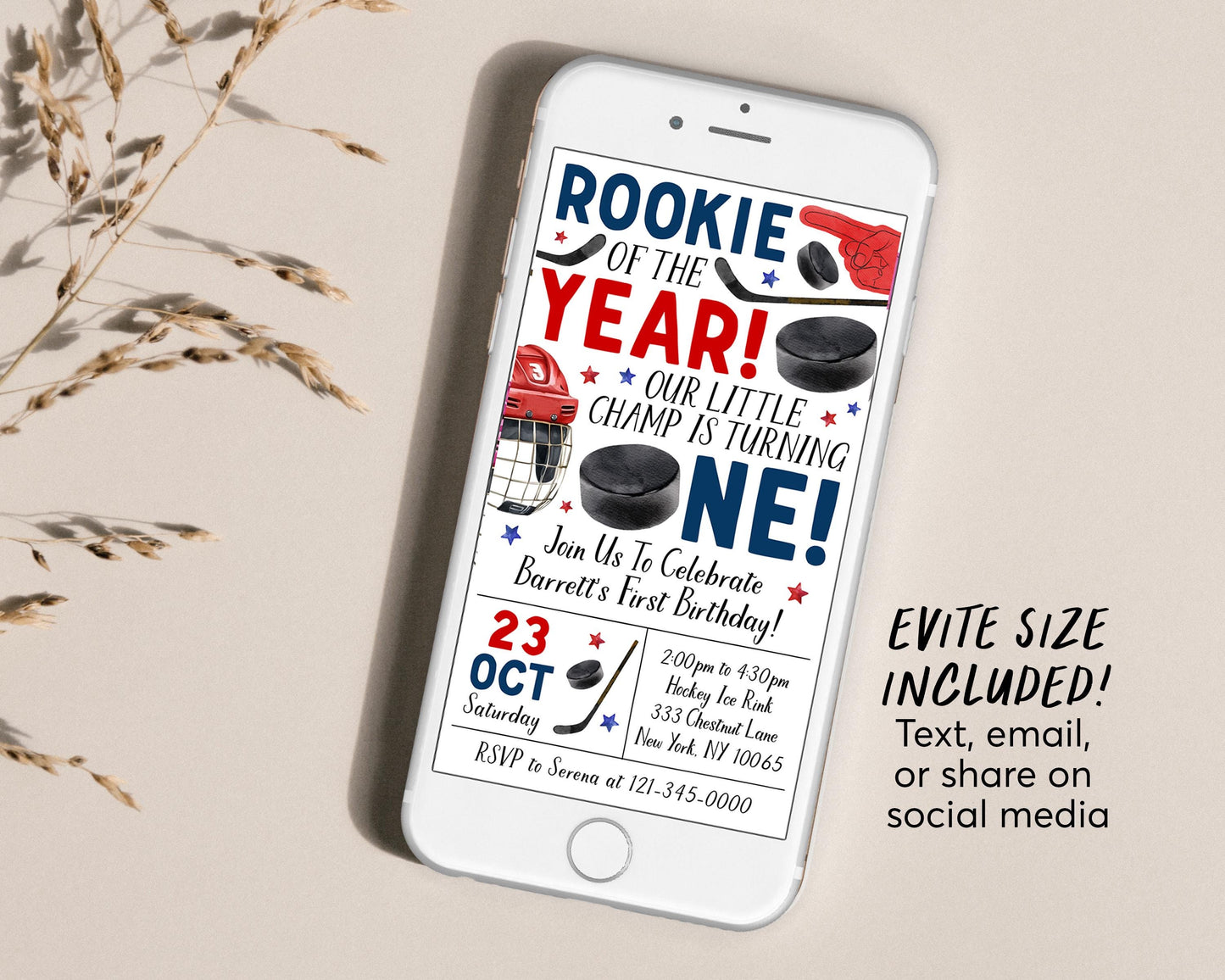 Ice Hockey First Birthday Invitation Editable Template, Boy Rookie Of The Year Ice Skating Hockey Invite, Kids Sports Theme Game Day Evite