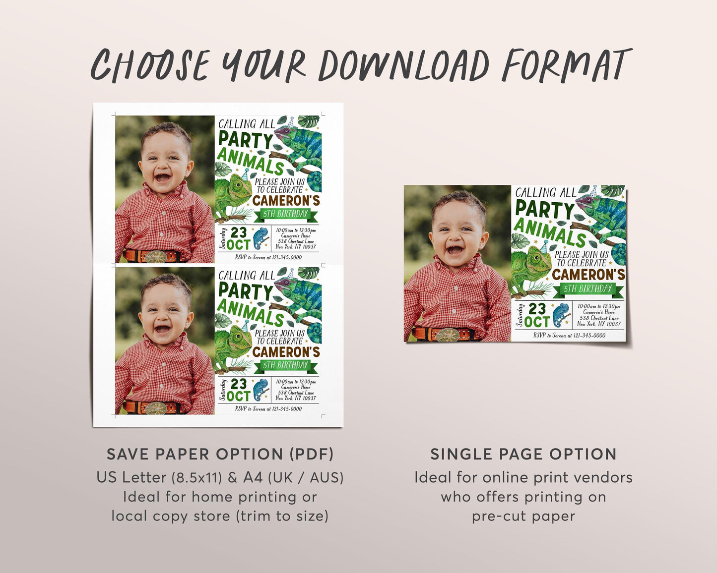 Chameleon Birthday Invitation With Photo Editable Template, Boy Reptile Lizard Party Animal Invite, Kids Chameleons Nature Jungle Evite
