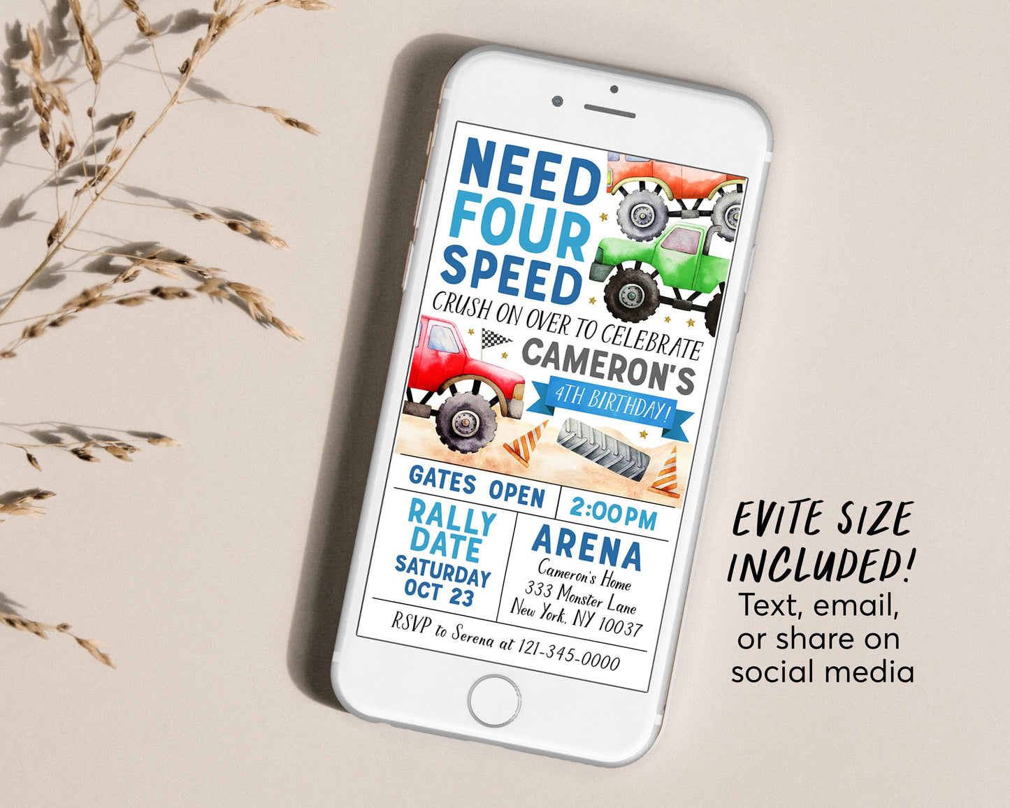 Monster Truck 4th Birthday Invitation Editable Template, Need Four Speed Party Bash Invite, Crush On Over Fourth Birthday Evite Printable