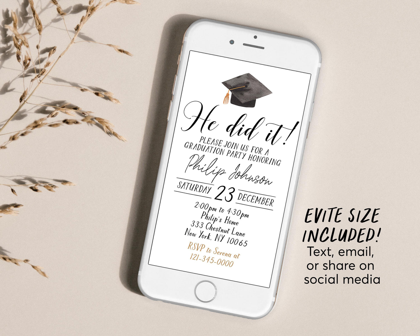 Graduation Invitation With Photo Editable Template, He did it Graduation Announcement Party Invite for Him, Grad College High School Evite