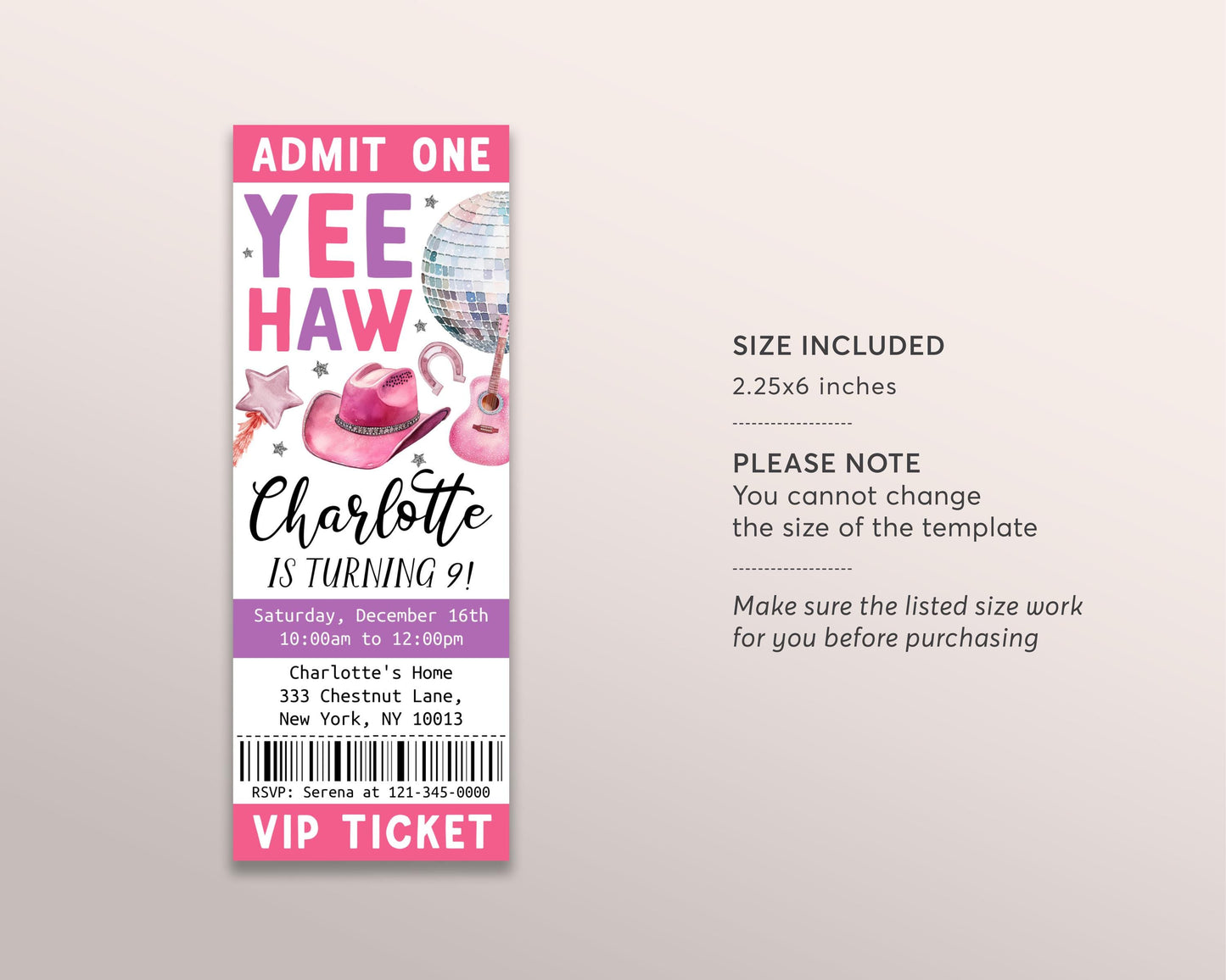 Space Cowgirl Birthday Ticket Invitation Editable Template, Disco Cowgirl Party Invite, Rodeo Yee Haw Southwestern Country Western Evite