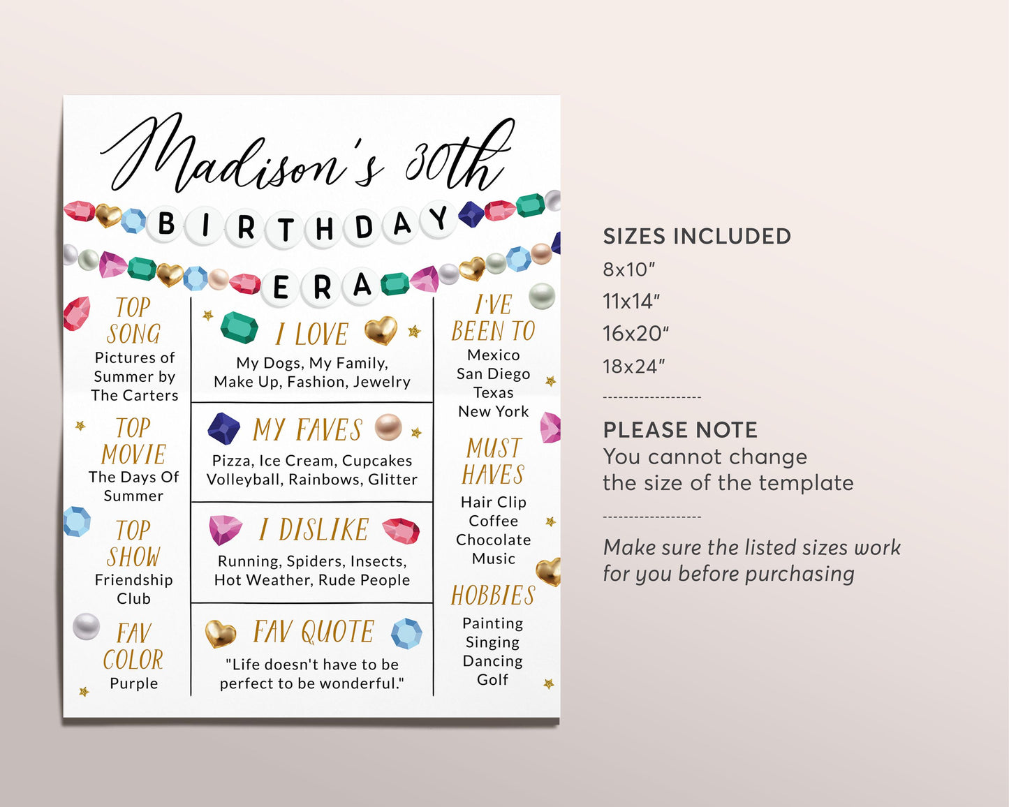 Birthday Era Milestone Sign Editable Template, Eras Adult 20th 30th 40th Friendship Bracelet Party Poster Banner, Gem Stats Memory Board