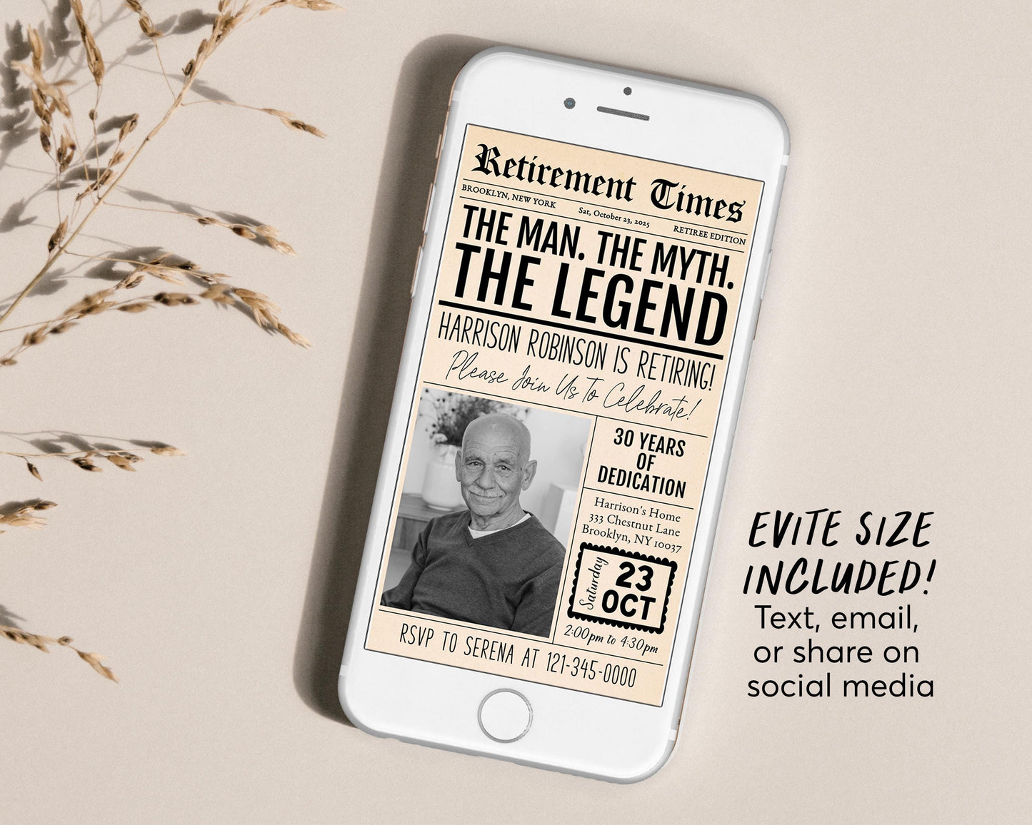 The Man The Myth The Legend Retirement Invitation Editable Template, Funny Retirement Vintage Newspaper Party Invite, Career Farewell Evite