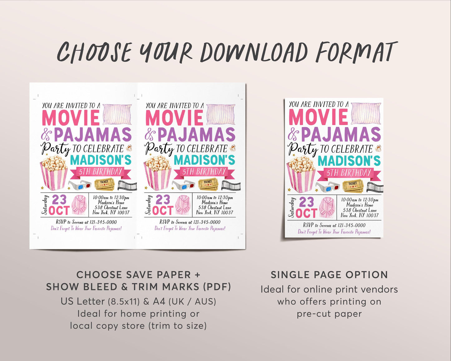 Movie and Pajamas Birthday Invitation Editable Template, Girl Slumber Party Popcorn Cinema Movie Ticket Invite, Sleepover Kids Party Evite