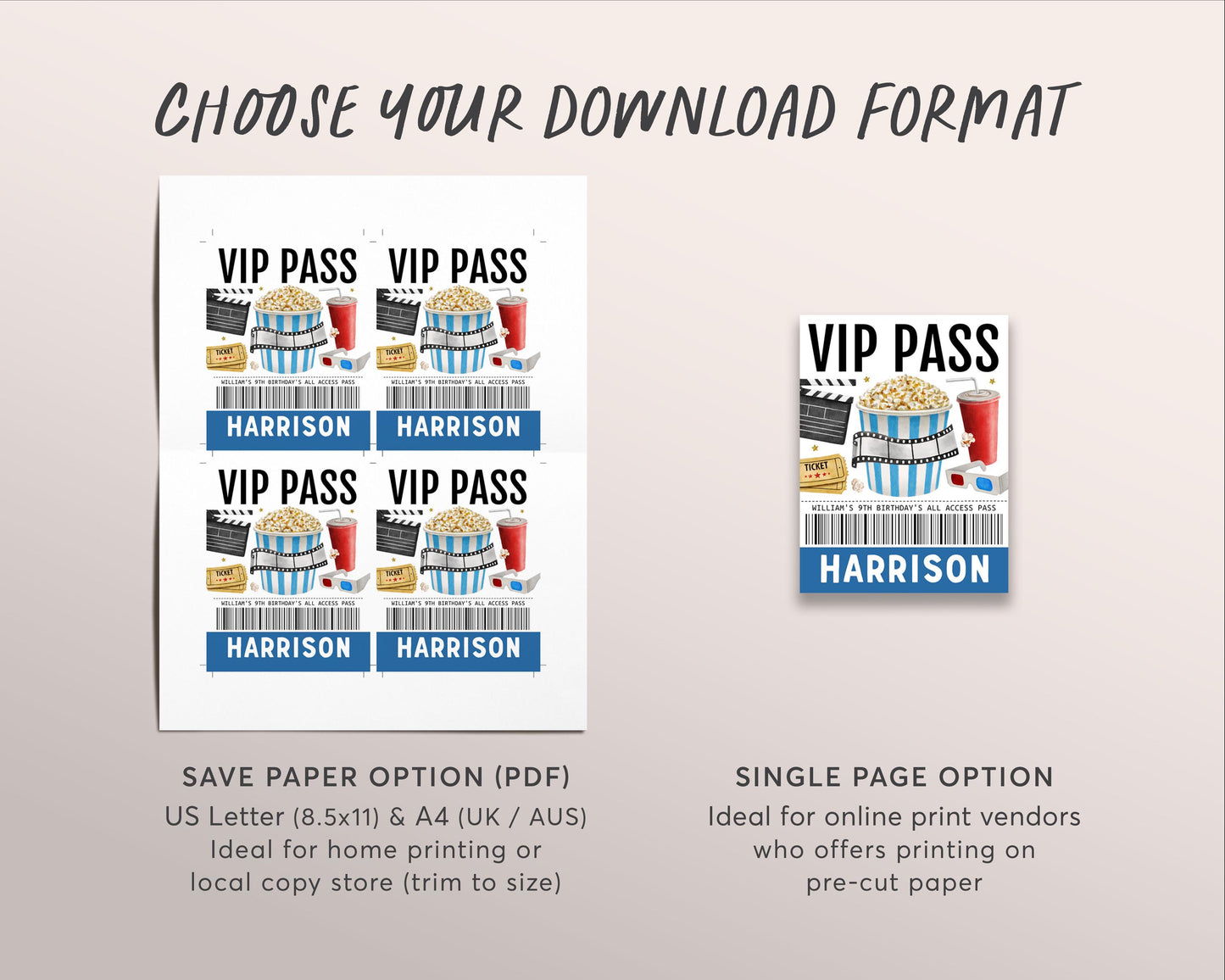 Movie Night VIP Pass Editable Template, Boy Movie Party All Access Pass, Hollywood Popcorn Party Name Insert, ID Badge VIP Insert Lanyard