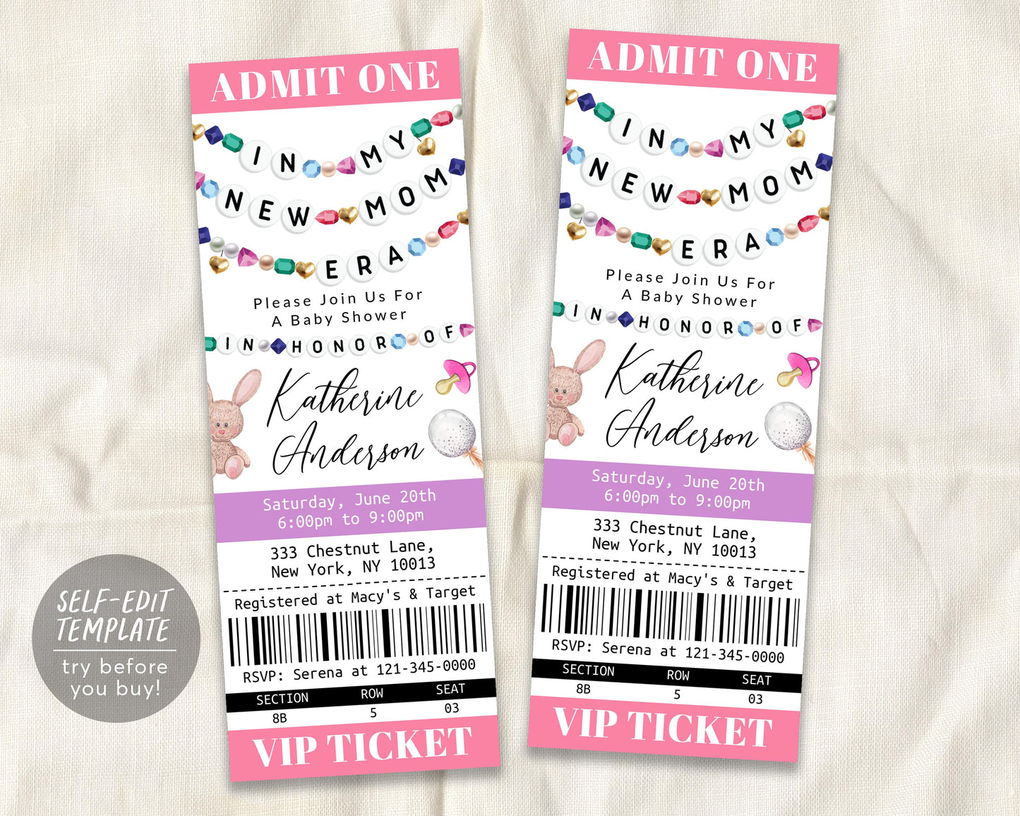 In My New Mom Era Baby Shower Ticket Invitation Editable Template