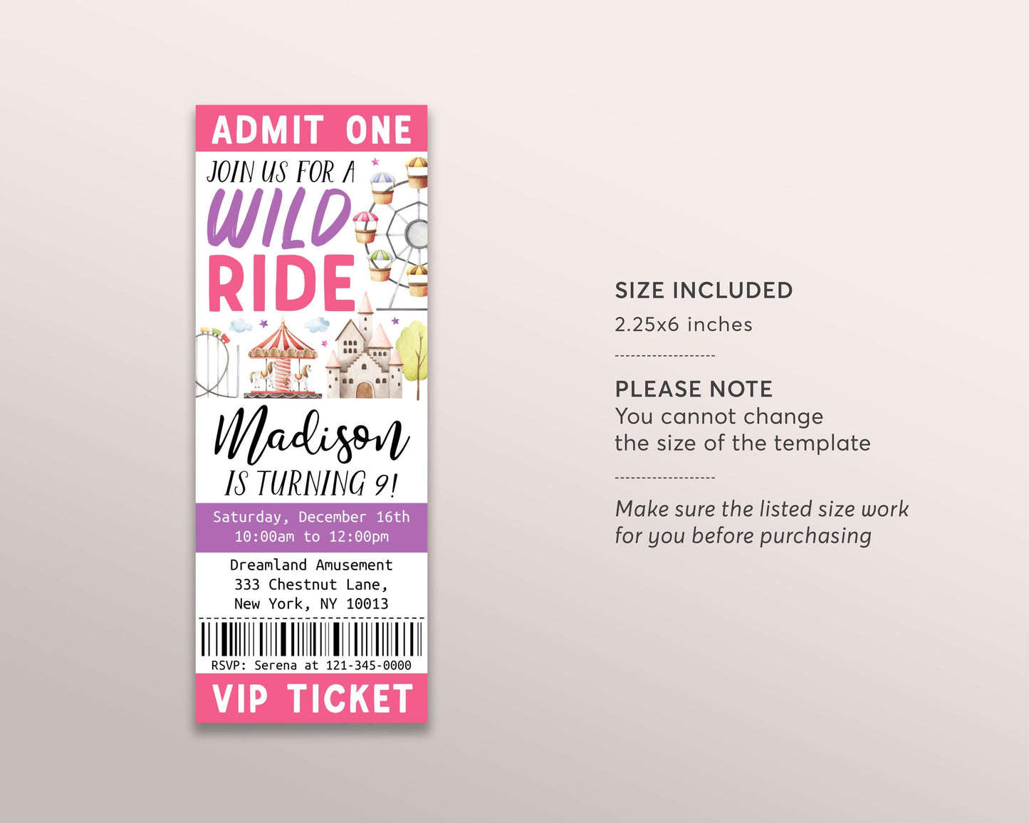 Amusement Park Birthday Ticket Invitation Editable Template, Girl Theme Park Castle Party Invite, Carnival Wild Ride Ferris Wheel Evite