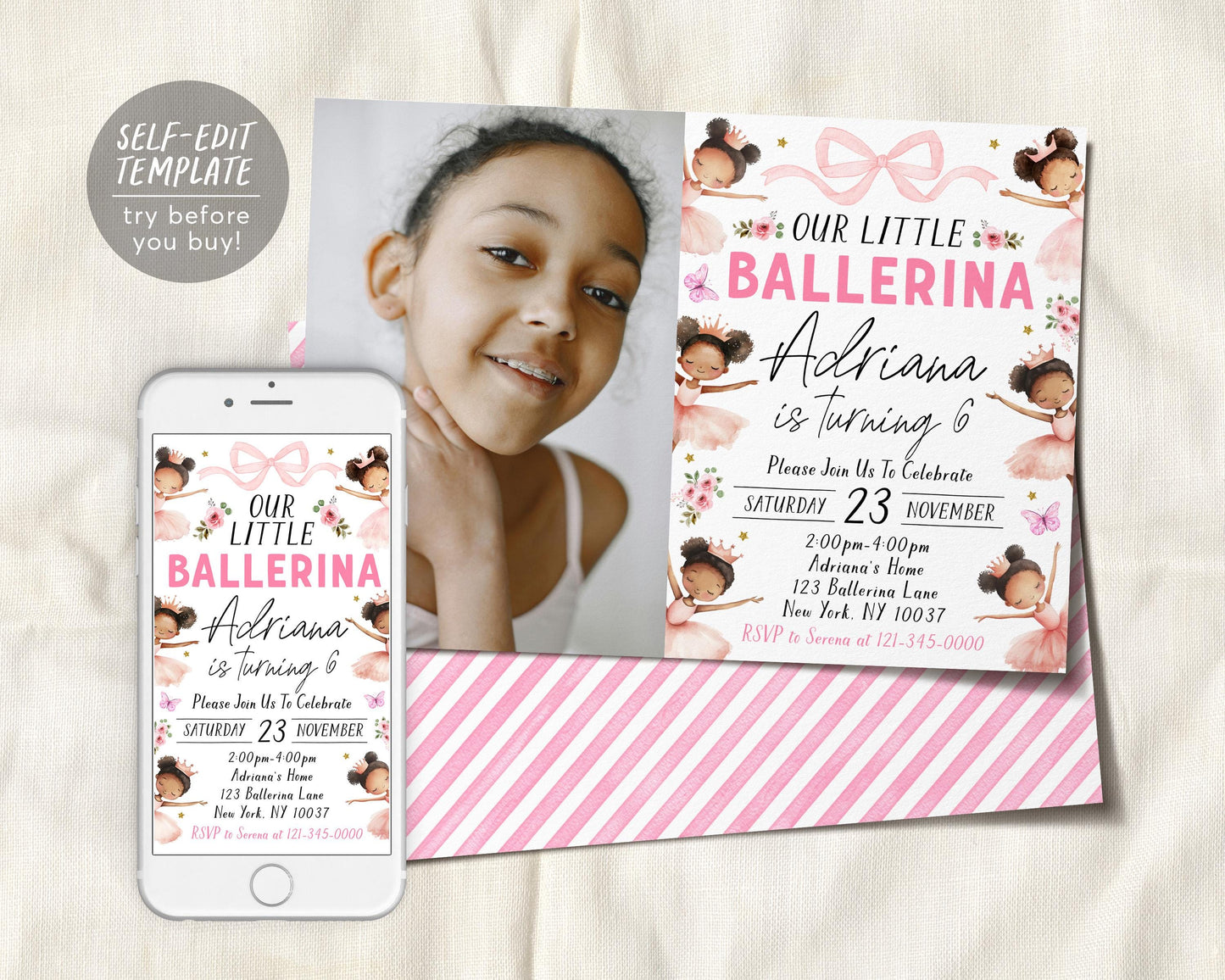 Ballerina Birthday Invitation With Photo Editable Template