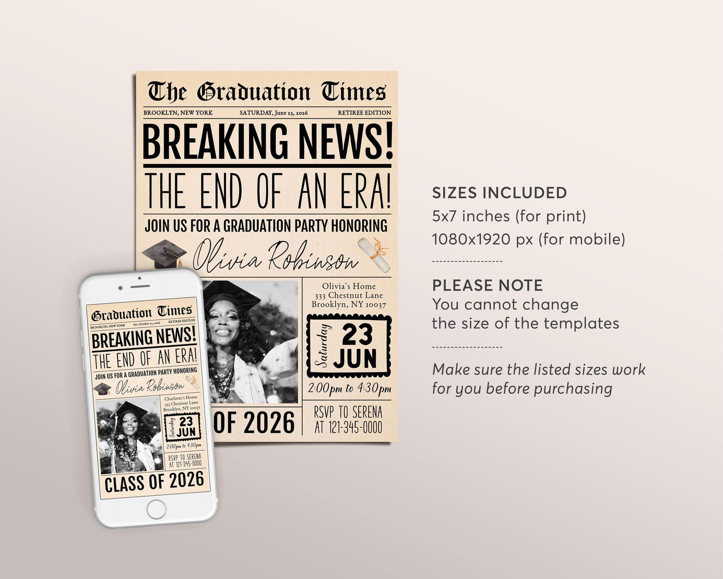 Graduation Vintage Newspaper Invitation Editable Template, Senior Graduation Announcement Party Invite, Grad College High School Evite