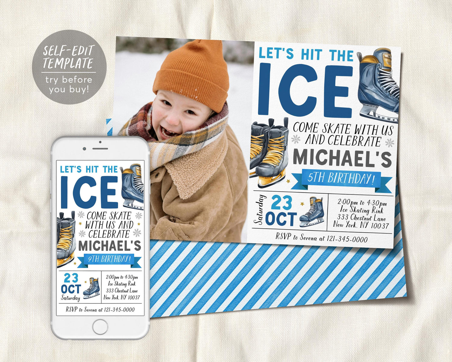 Ice Skating Birthday Invitation With Photo Editable Template