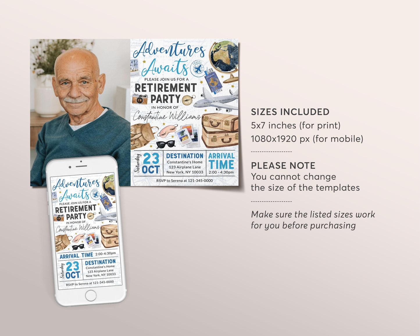 Travel Retirement Invitation With Photo Editable Template, Adventure Awaits Retirement Farewell Party Invite Around The World Airplane Evite