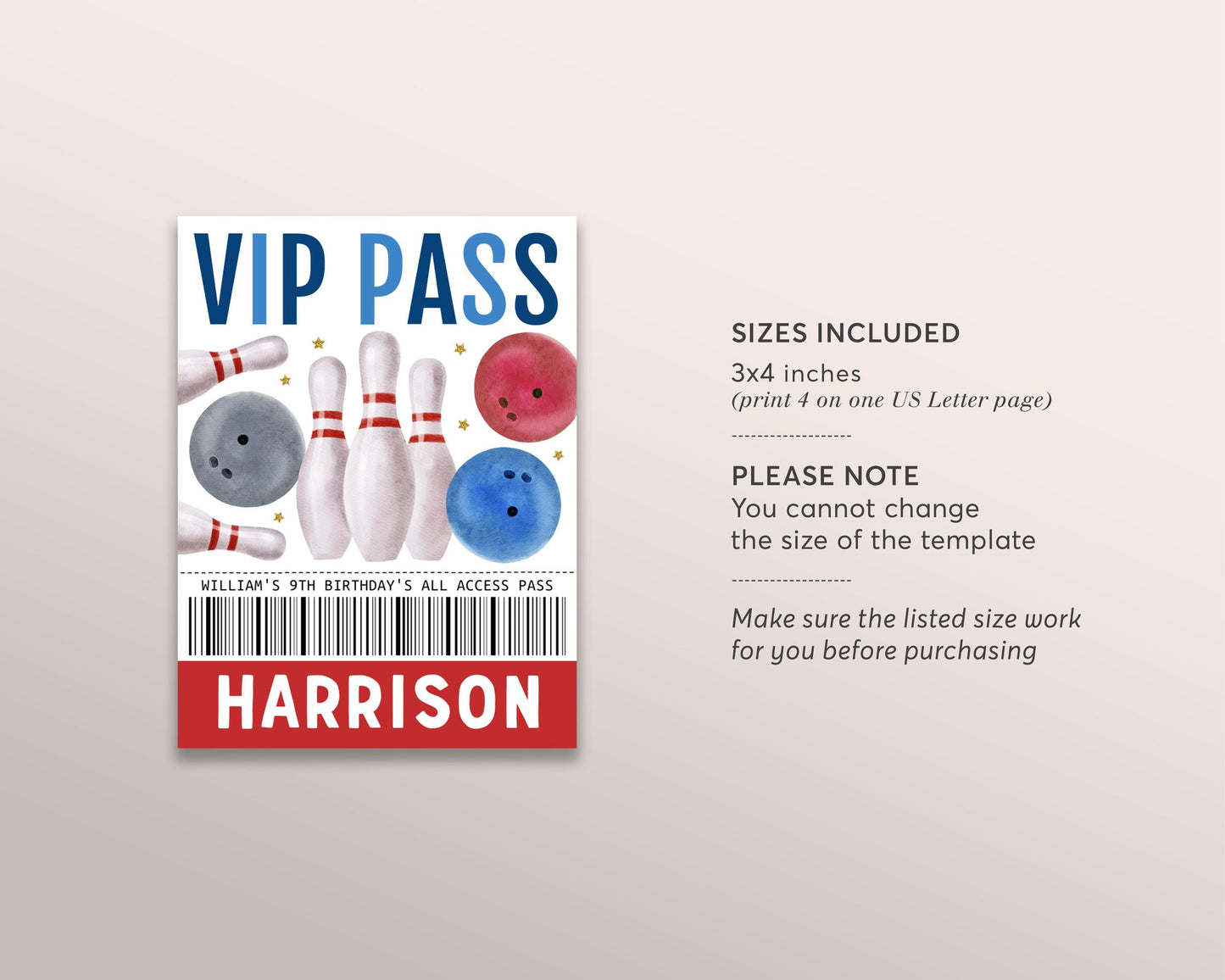 Bowling Birthday VIP Pass Editable Template, Boy Bowling Party Bash All Access Pass, Bowling Alley Name Insert, ID Badge VIP Insert Lanyard