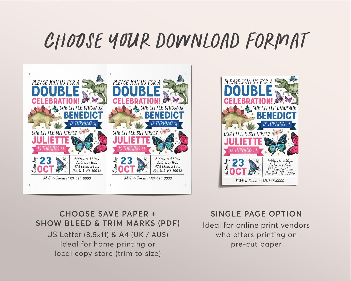 Dinosaur Butterfly Joint Siblings Birthday Invitation Editable Template, Girl Boy Butterflies T-Rex Party Invite Double Celebration Evite