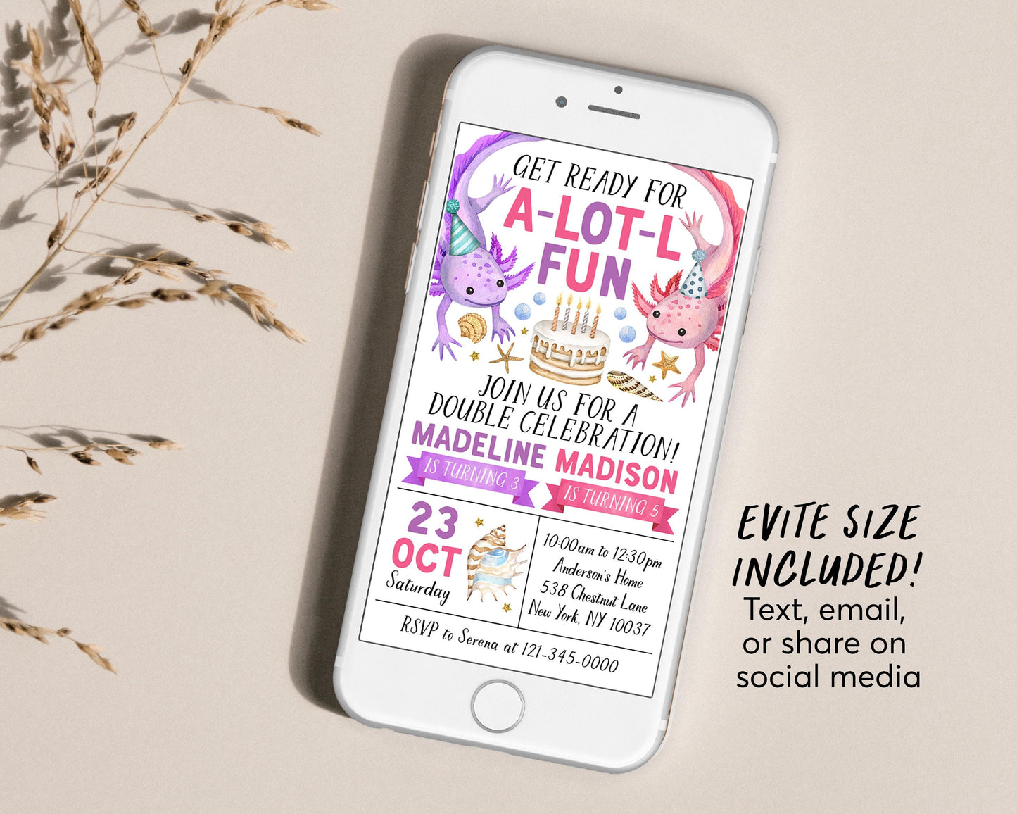Axolotl Joint Siblings Birthday Invitation Editable Template, Sisters Twins Axolotl Alotl Fun Party Invite, Under The Sea Evite Seashells