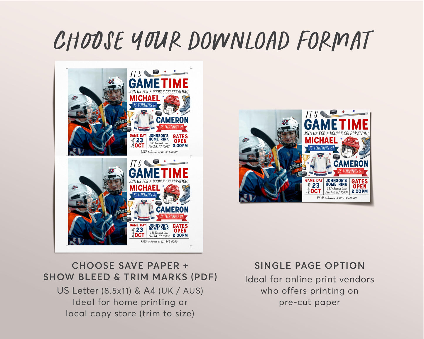 Ice Hockey Joint Siblings Birthday Invitation With Photo Editable Template, Boy Twins Ice Skating Rink Invite, Sport Puck Stick Helmet Evite