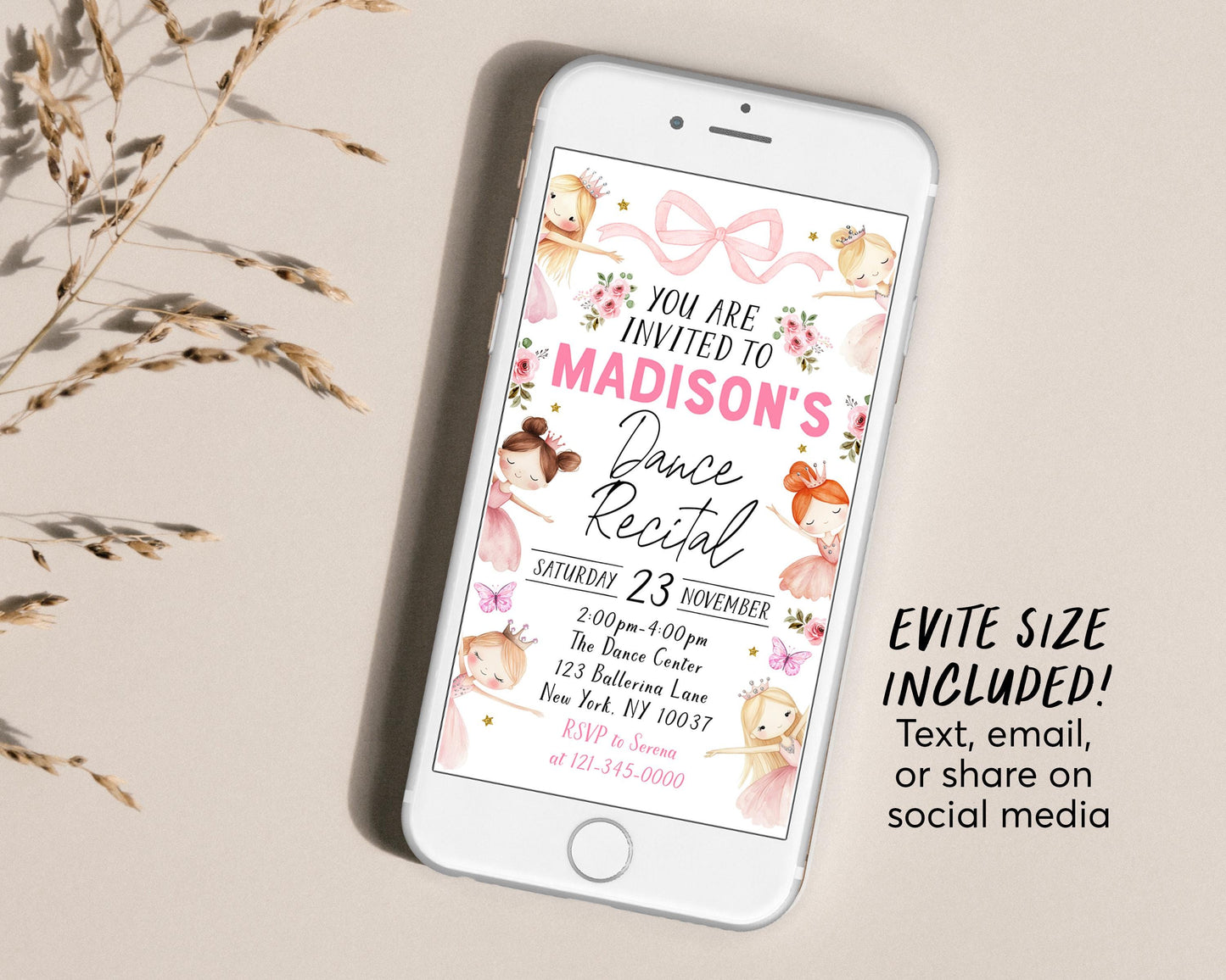 Ballet Recital Invitation Editable Template, Dance Recital Invite, Pink Ballerina School Ballet Recital Floral Bow Ballet Shoe Tutu Evite