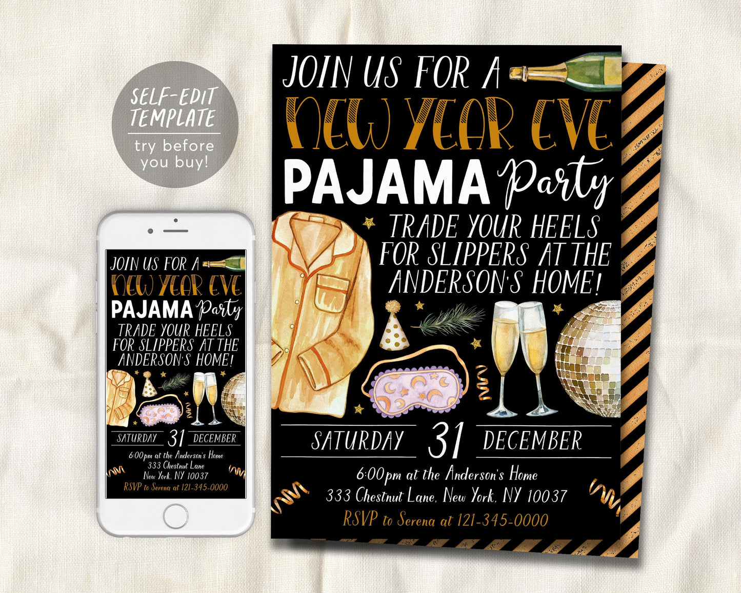 New Year Eve Pajama Party Invitation Editable Template