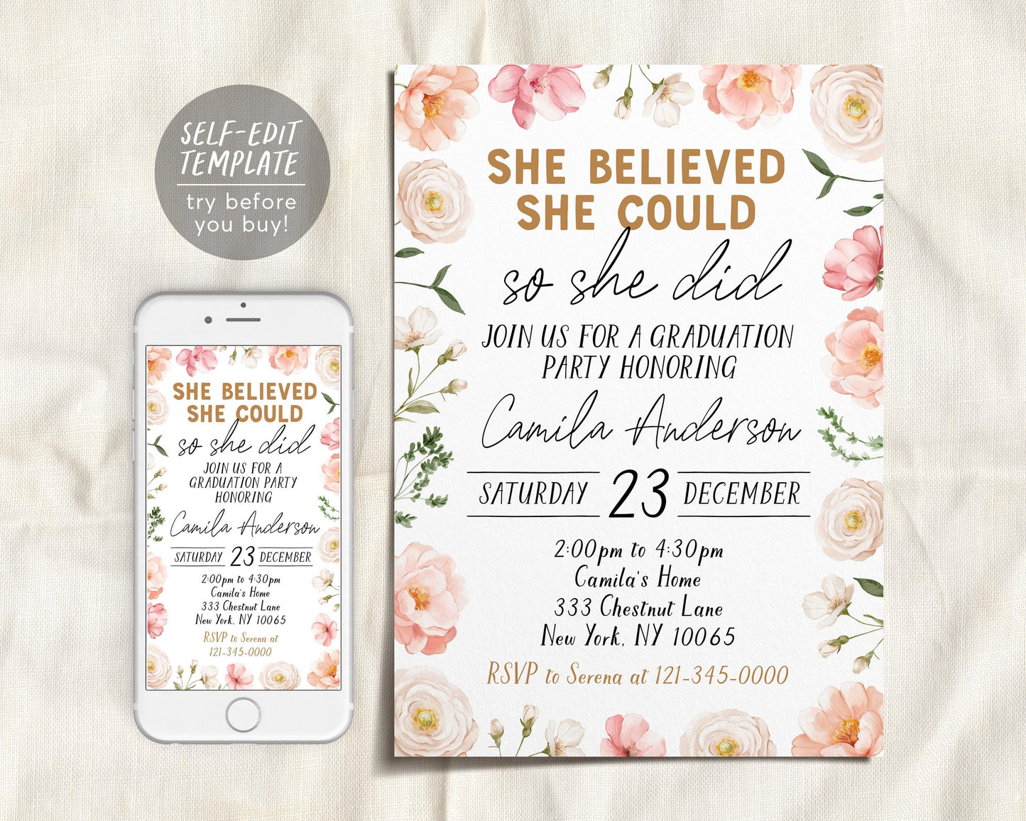 Graduation Floral Invitation Editable Template