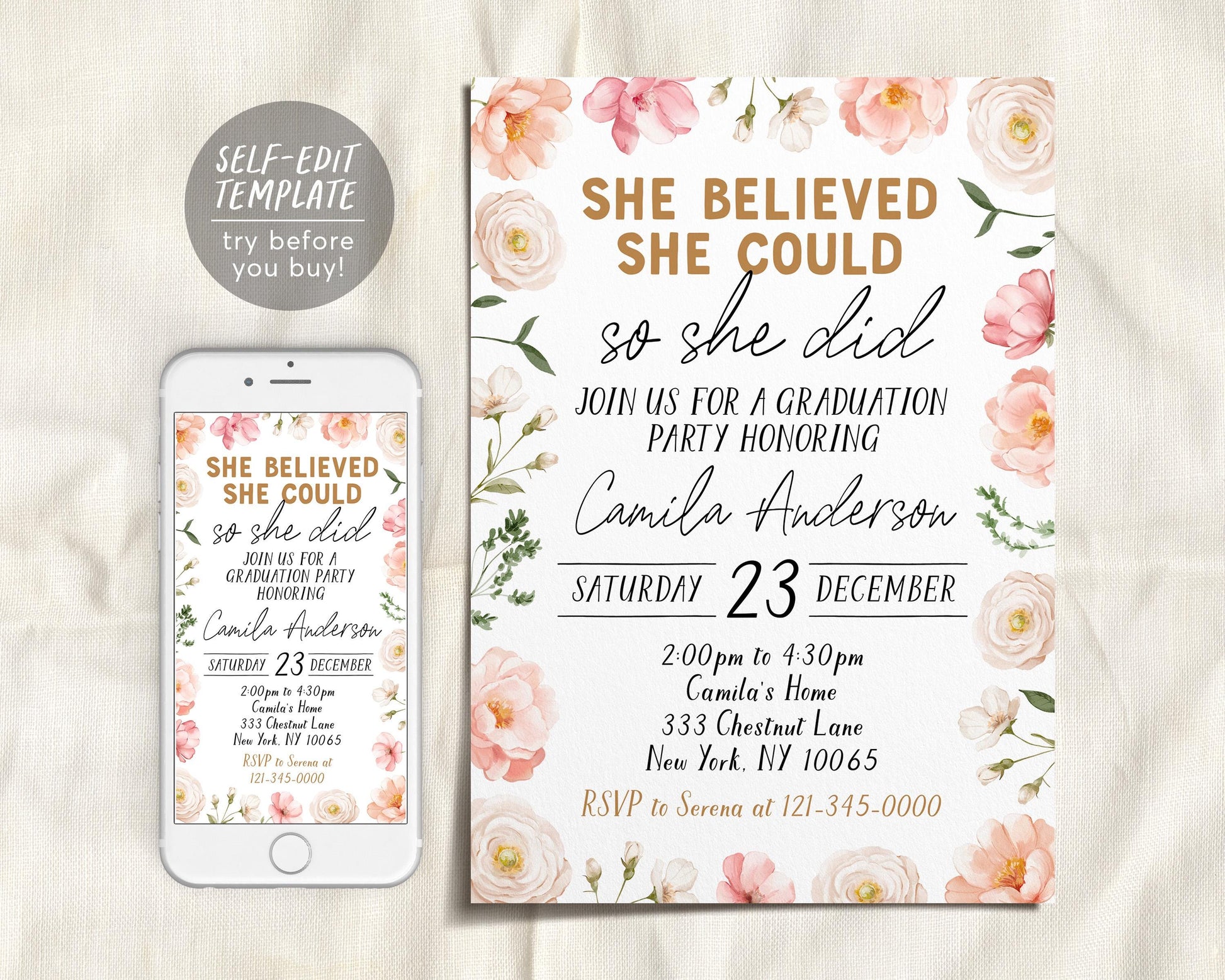 Graduation Floral Invitation Editable Template