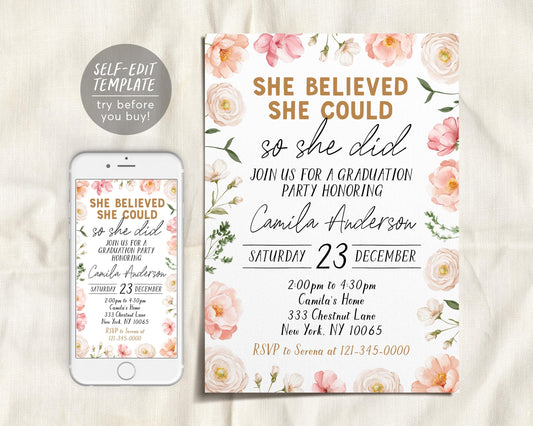 Graduation Floral Invitation Editable Template