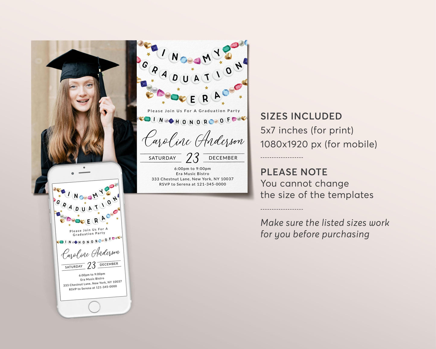 In My Graduation Era Invitation With Photo Editable Template, Graduation Announcement Friendship Bracelet Party Invite, Graduating Evite