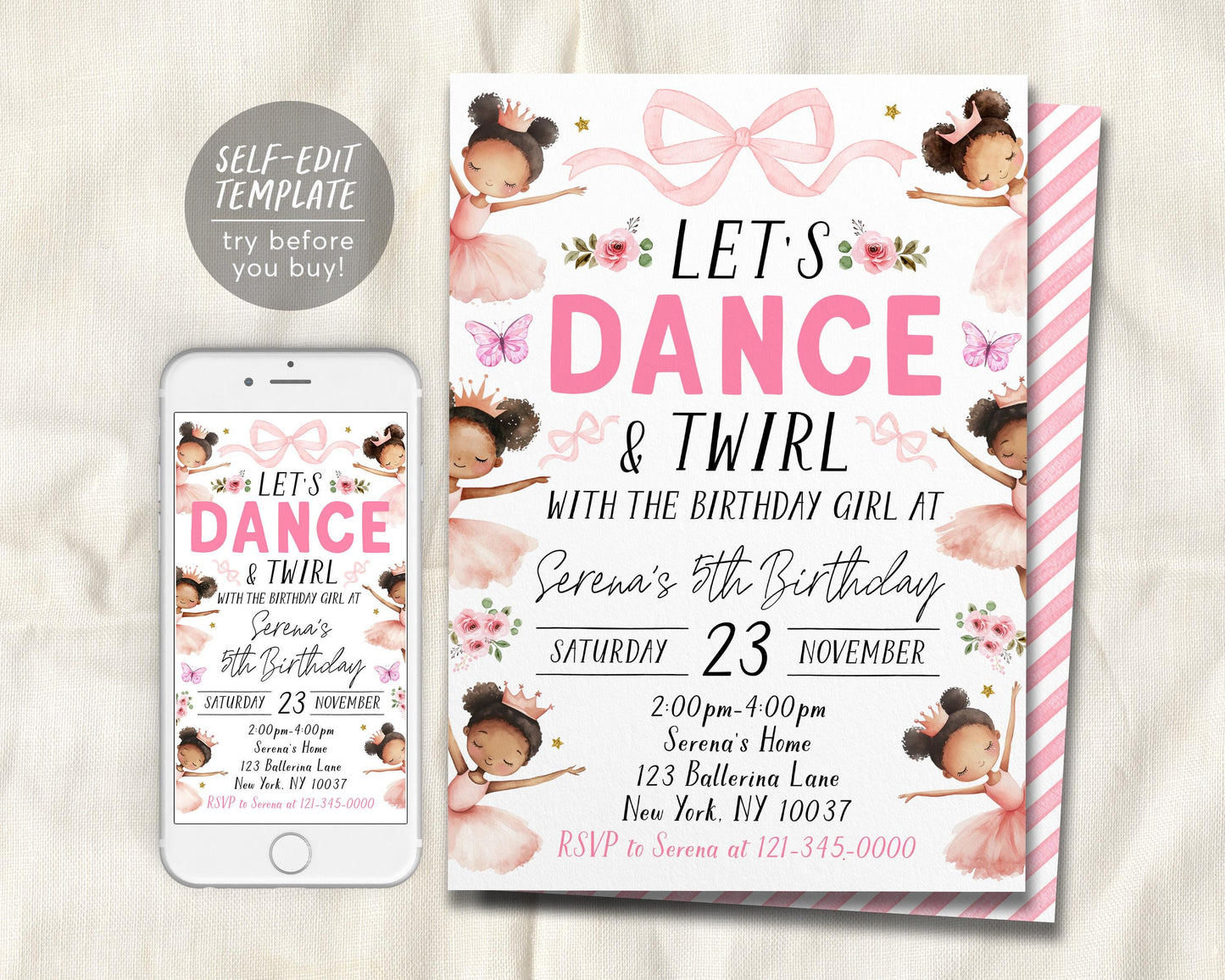 Ballerina Birthday Invitation Editable Template