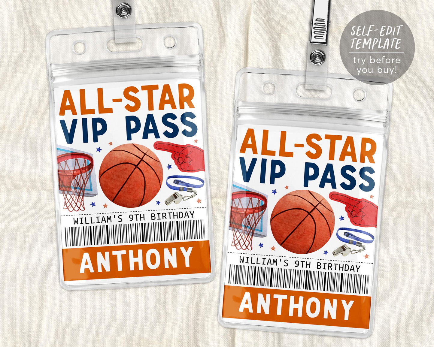 Basketball Birthday All Star VIP Pass Editable Template