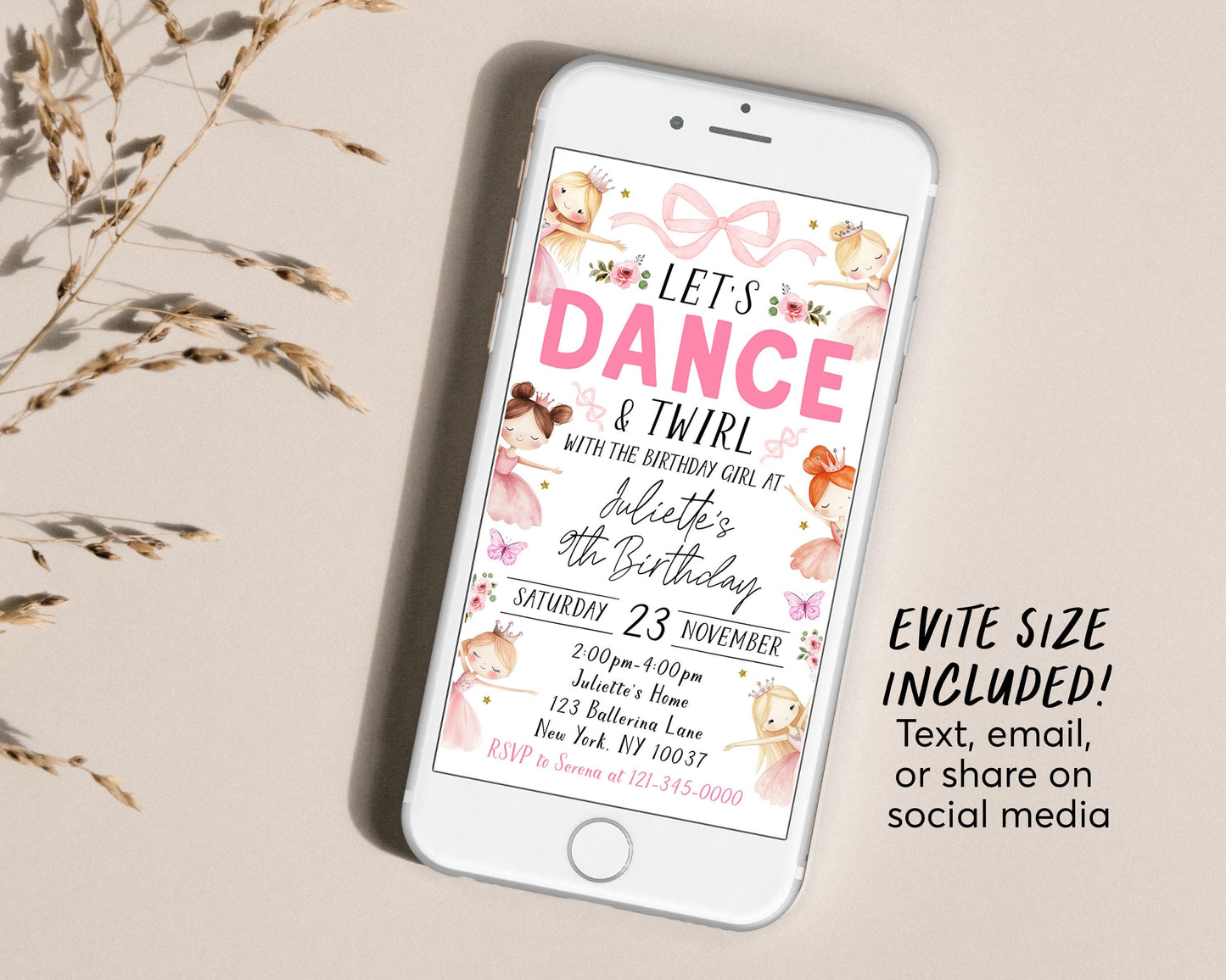 Ballerina Birthday Invitation With Photo Editable Template, Let's Dance And Twirl Invite, Kids Ballet Pink Tutu Little Ballerina Dance Evite