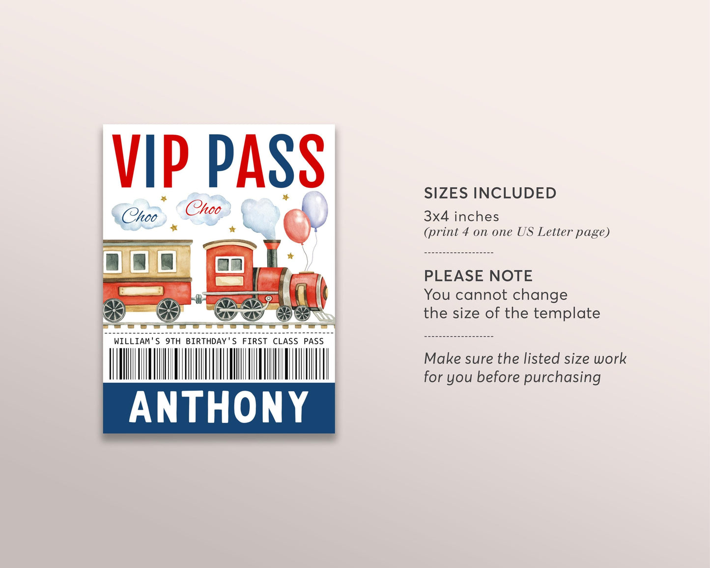 Train Birthday VIP Pass Editable Template, Unisex Train Party Pit Crew Party, First Class All Access Guest Name Tag Insert ID Badge Lanyard