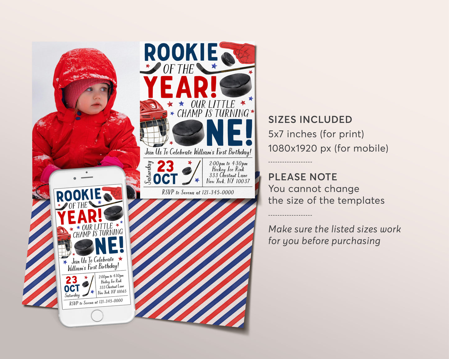 Ice Hockey First Birthday Invitation With Photo Editable Template, Boy Rookie Of The Year Ice Skating Hockey Invite, Kids Sports Theme Evite
