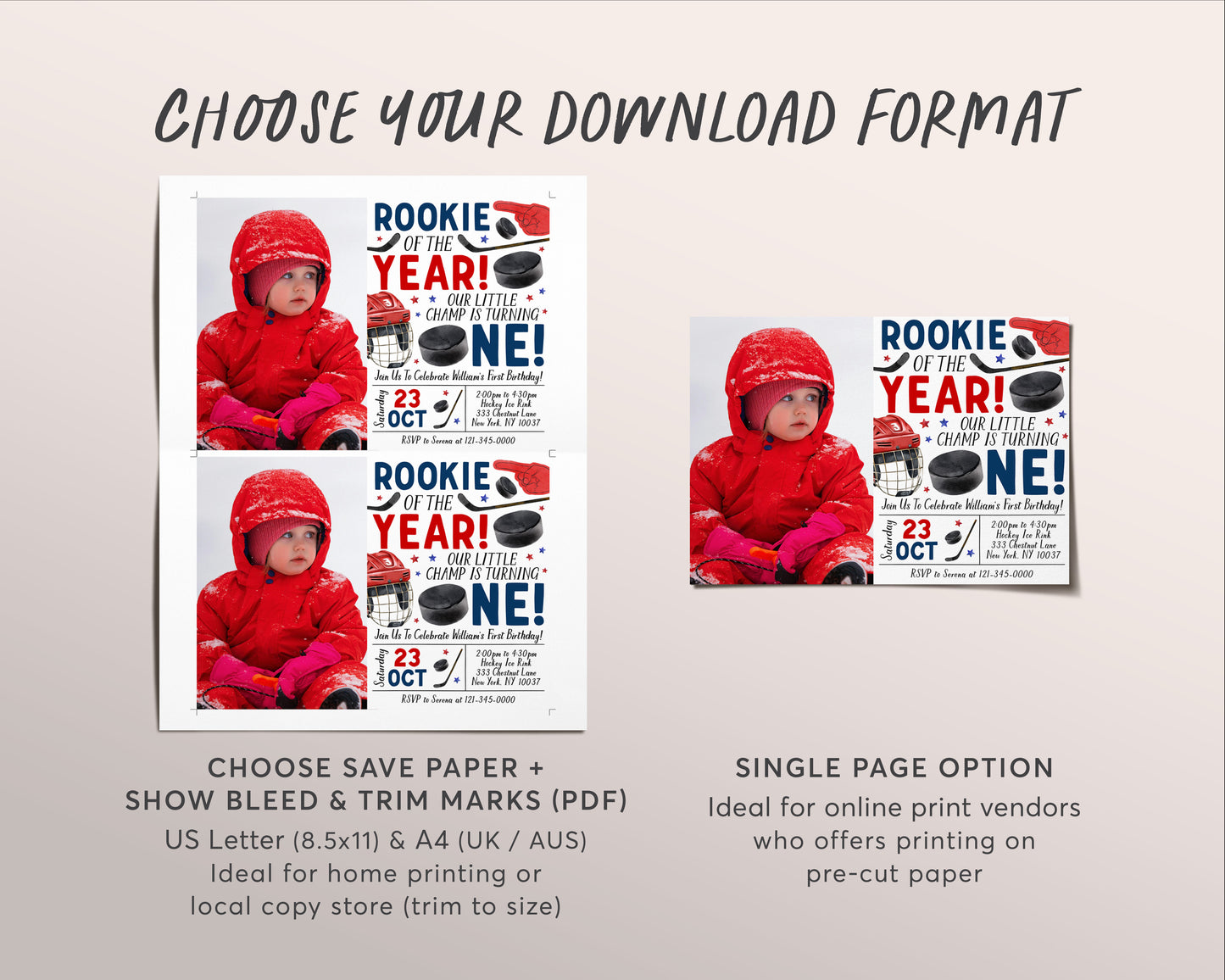 Ice Hockey First Birthday Invitation With Photo Editable Template, Boy Rookie Of The Year Ice Skating Hockey Invite, Kids Sports Theme Evite