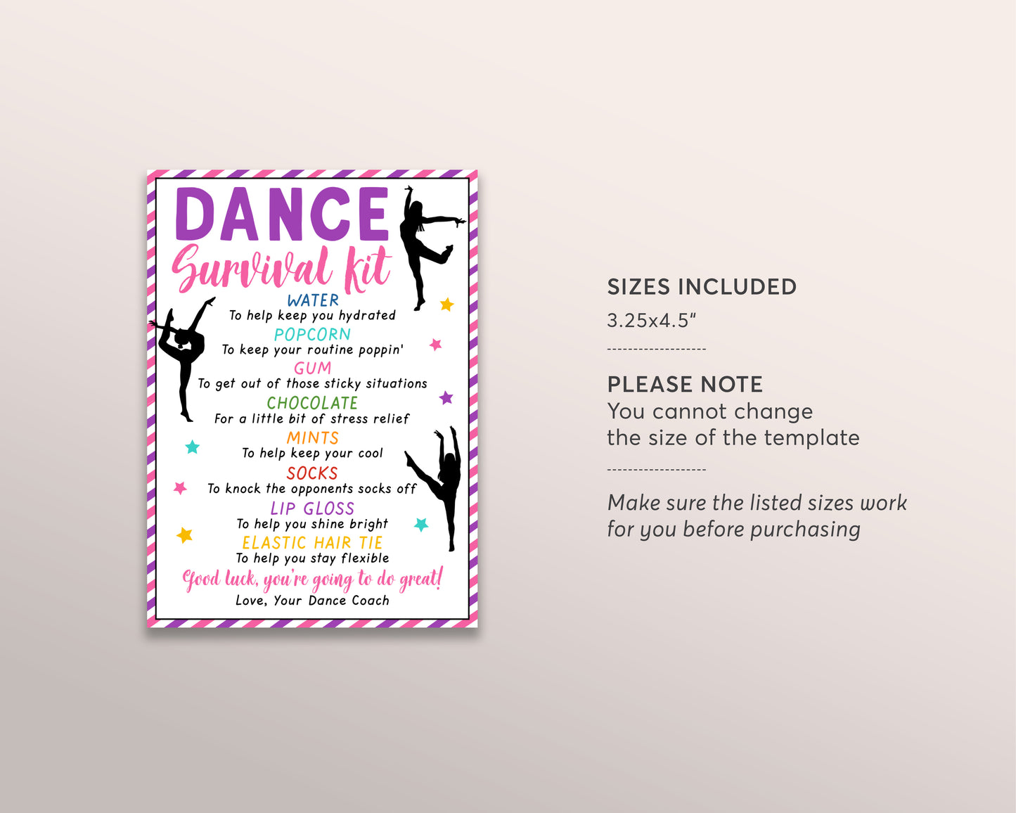 Dancer Survival Kit Gift Tags Editable Template, Dance Team Gift Idea, Dance Competition, Cheerleading Tryouts, Team Appreciation Good Luck