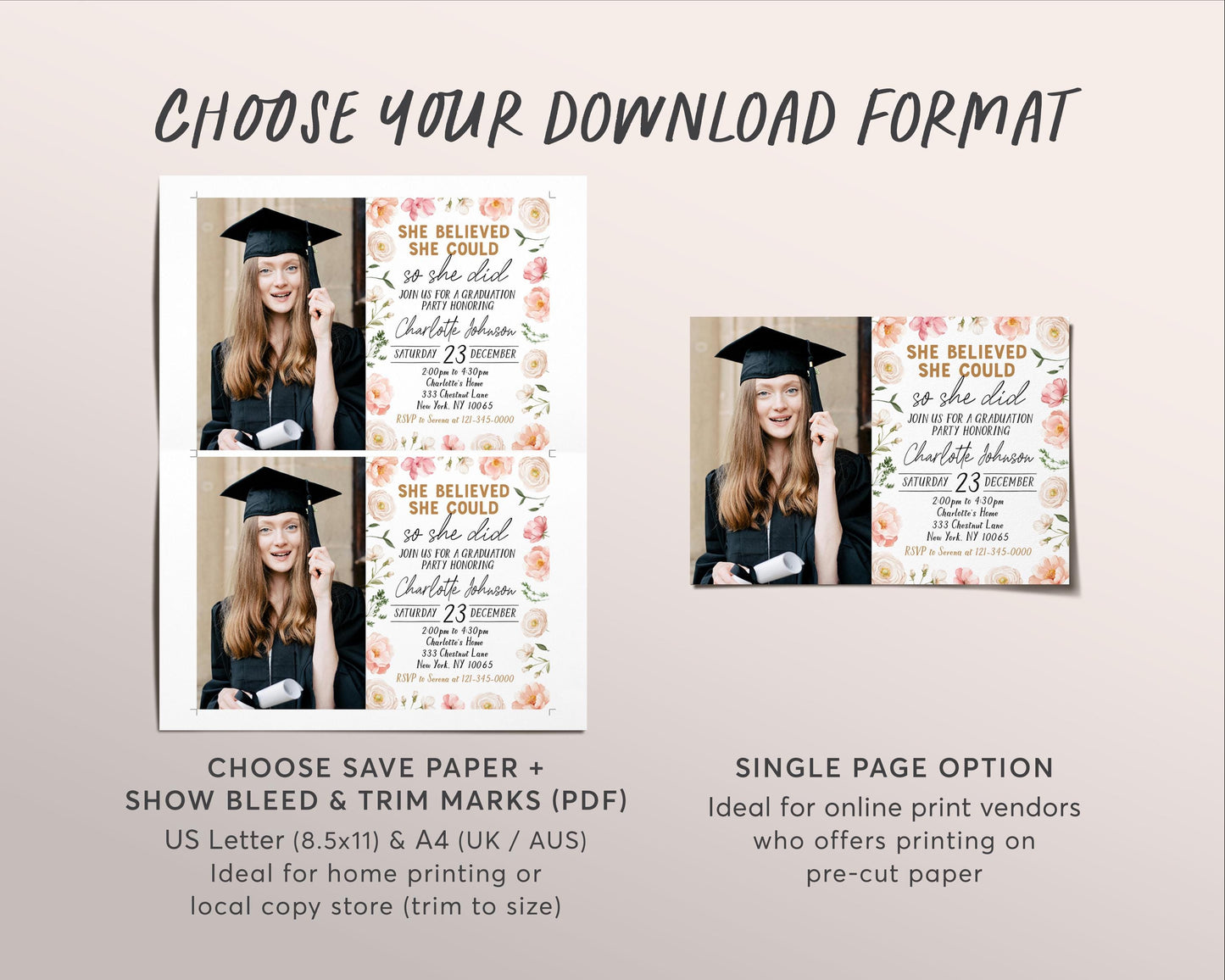 Graduation Floral Invitation With Photo Editable Template, Floral Grad Announcement Party Invite, She Believed She Could So She Did Evite