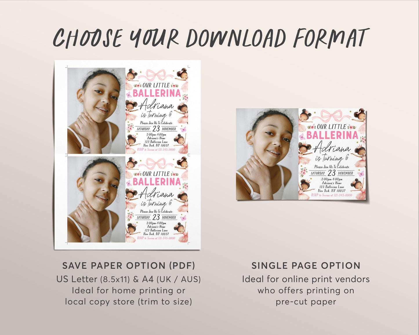 Ballerina Birthday Invitation With Photo Editable Template, Ballet Pink Tutu First Birthday Invite, Black Afro Ballerina Dance Floral Evite