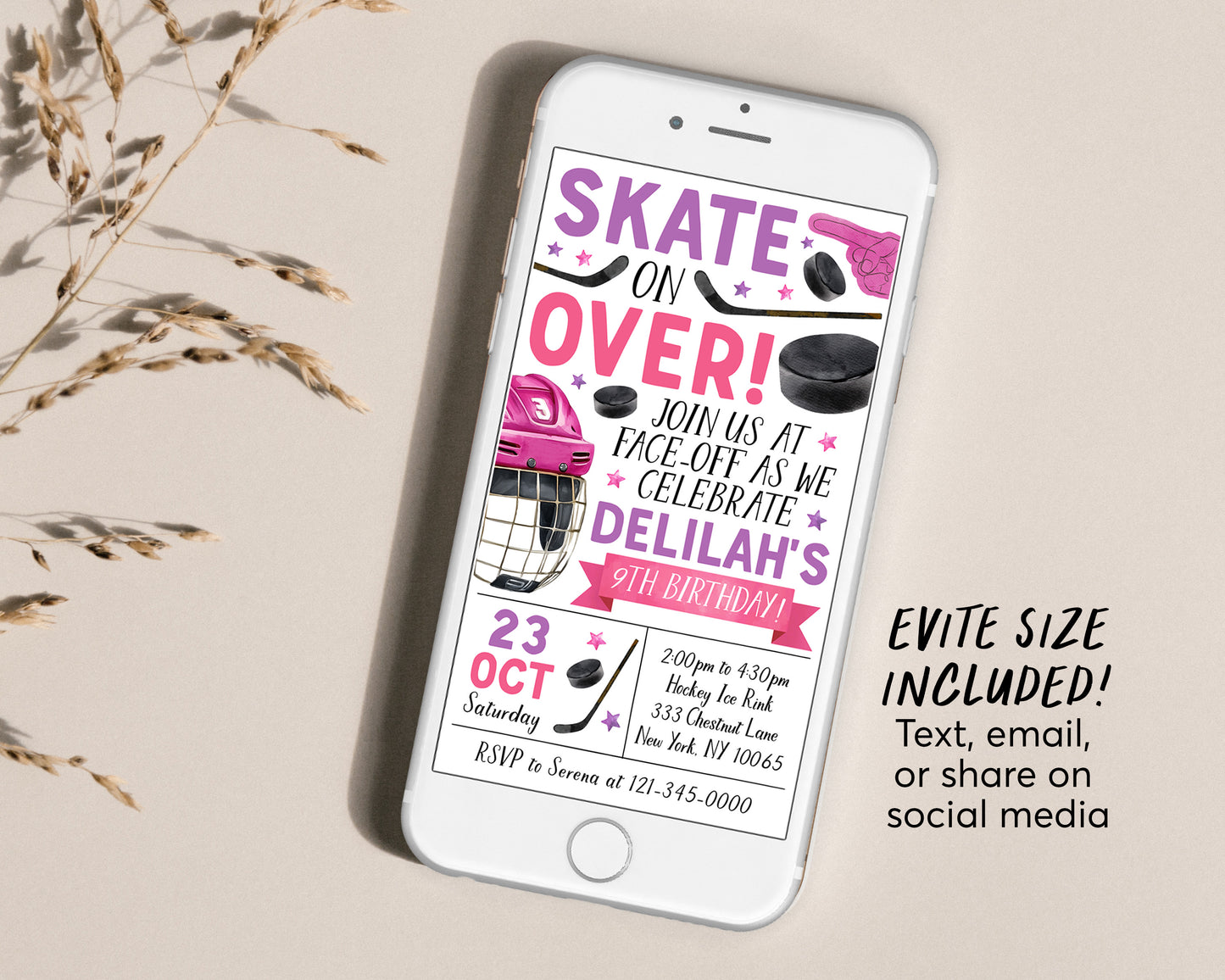 Ice Hockey Birthday Invitation With Photo Editable Template, Girl Ice Skating Hockey Invite, Kids Sports Theme Game Day All Stars Evite
