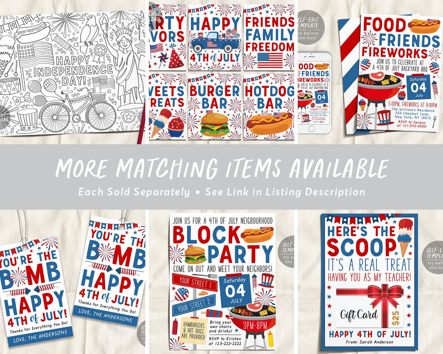 4th of July Invitation Editable Template, Fourth of July Celebration BBQ Fireworks Invite, Independence Day Neighborhood Block Party Picnic