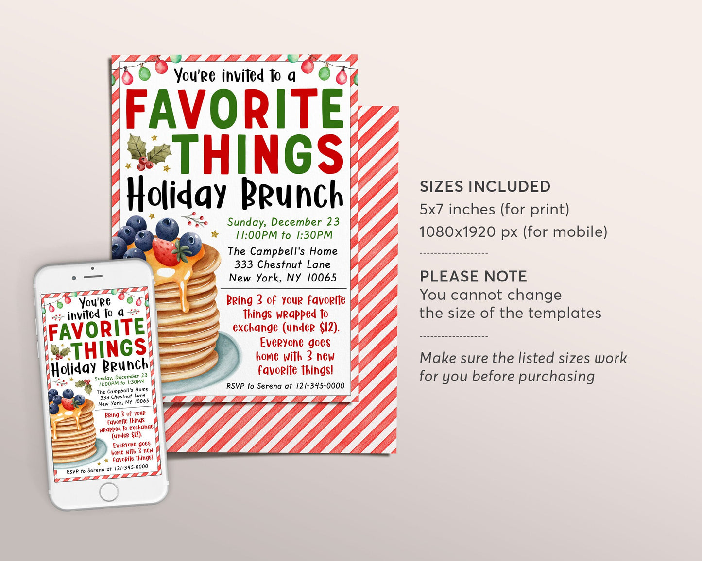 Christmas Favorite Things Brunch Invitation Editable Template, Holiday Gift Exchange Party Pancakes Breakfast Invite Celebration Printable