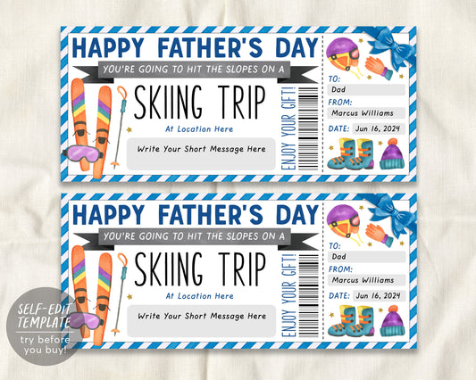 Fathers Day Skiing Trip Gift Certificate Editable Template