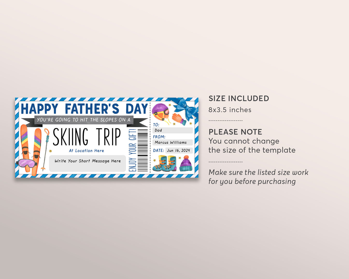Fathers Day Skiing Trip Gift Certificate Editable Template, Surprise Holiday Ski Pass Vacation Gift Voucher For Dad, Skiing Lessons Training