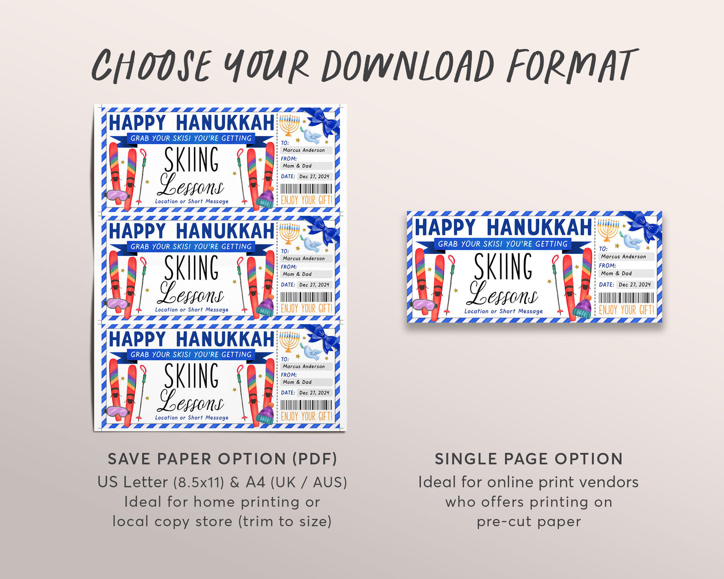 Hanukkah Skiing Lessons Voucher Gift Voucher Editable Template, Surprise Chanukah Ski Training Gift Certificate, Skiing Trip Vacation Coupon