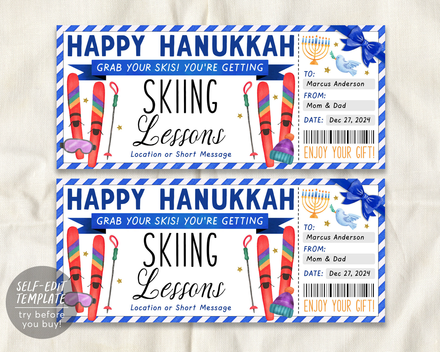 Happy Hanukkah Skiing Lessons Voucher Gift Voucher Editable Template