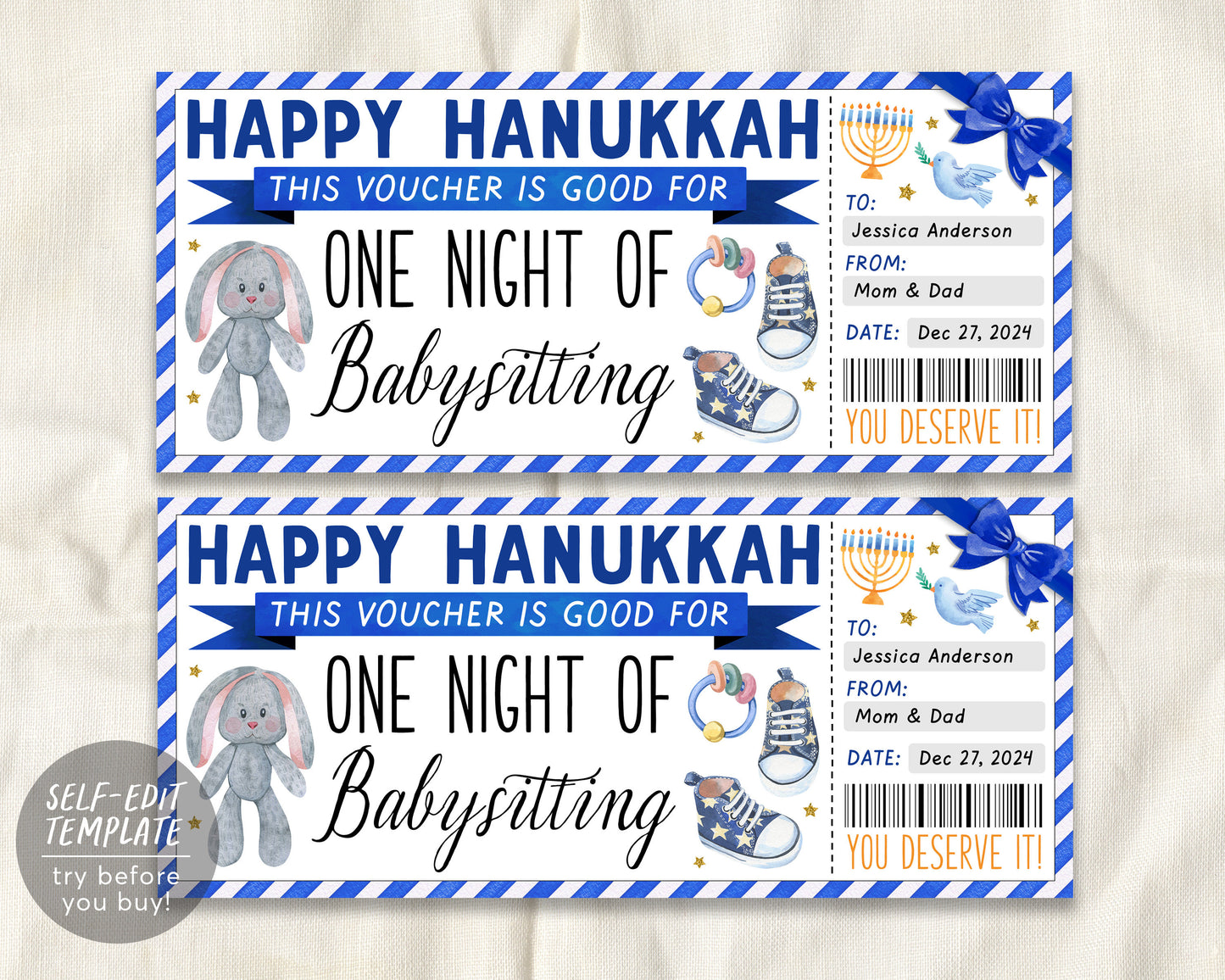 Happy Hanukkah Babysitting Gift Coupon Editable Template