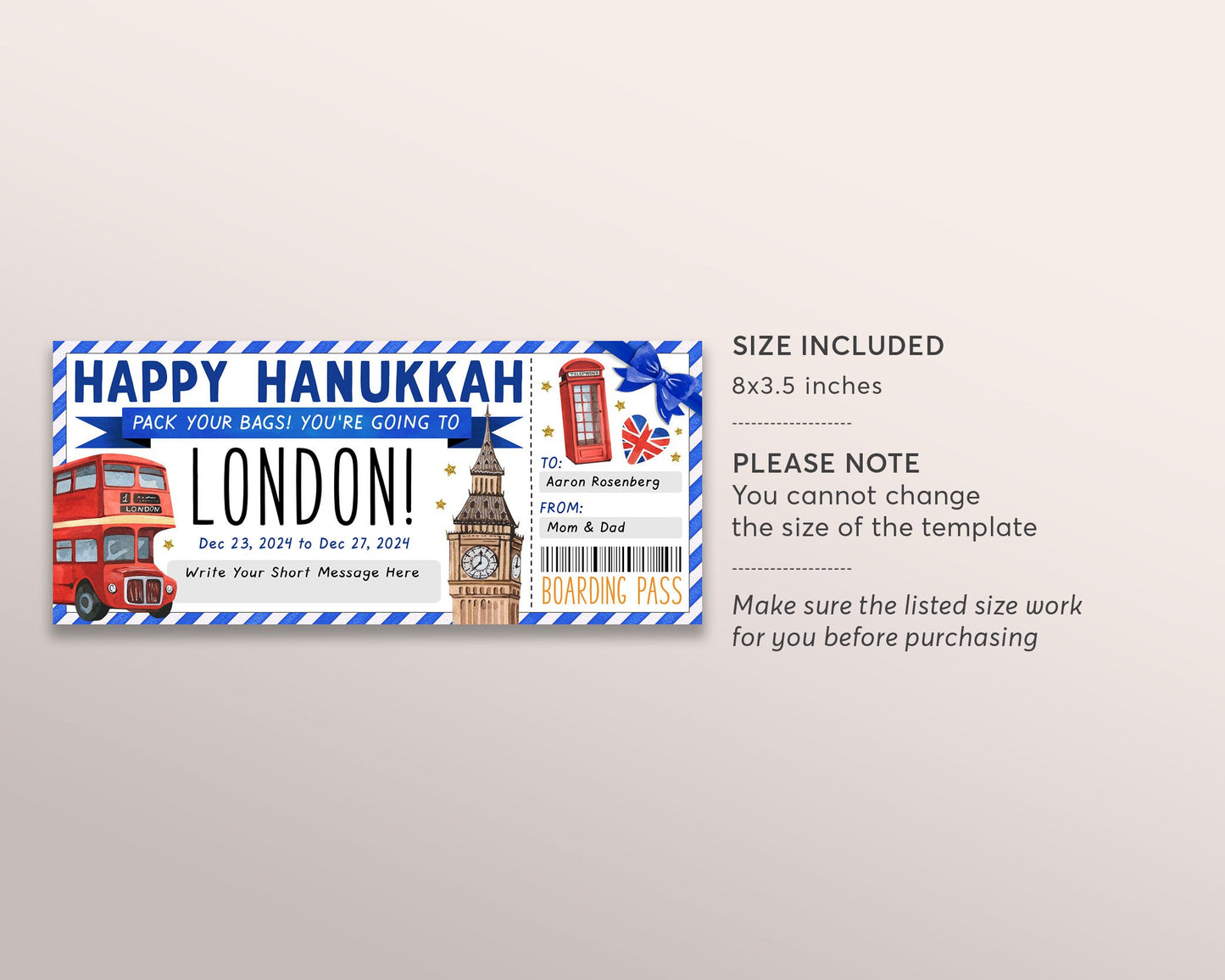 Hanukkah London Gift Ticket Boarding Pass Editable Template, Chanukah Surprise Travel Vacation Plane Ticket Certificate England Holiday Trip